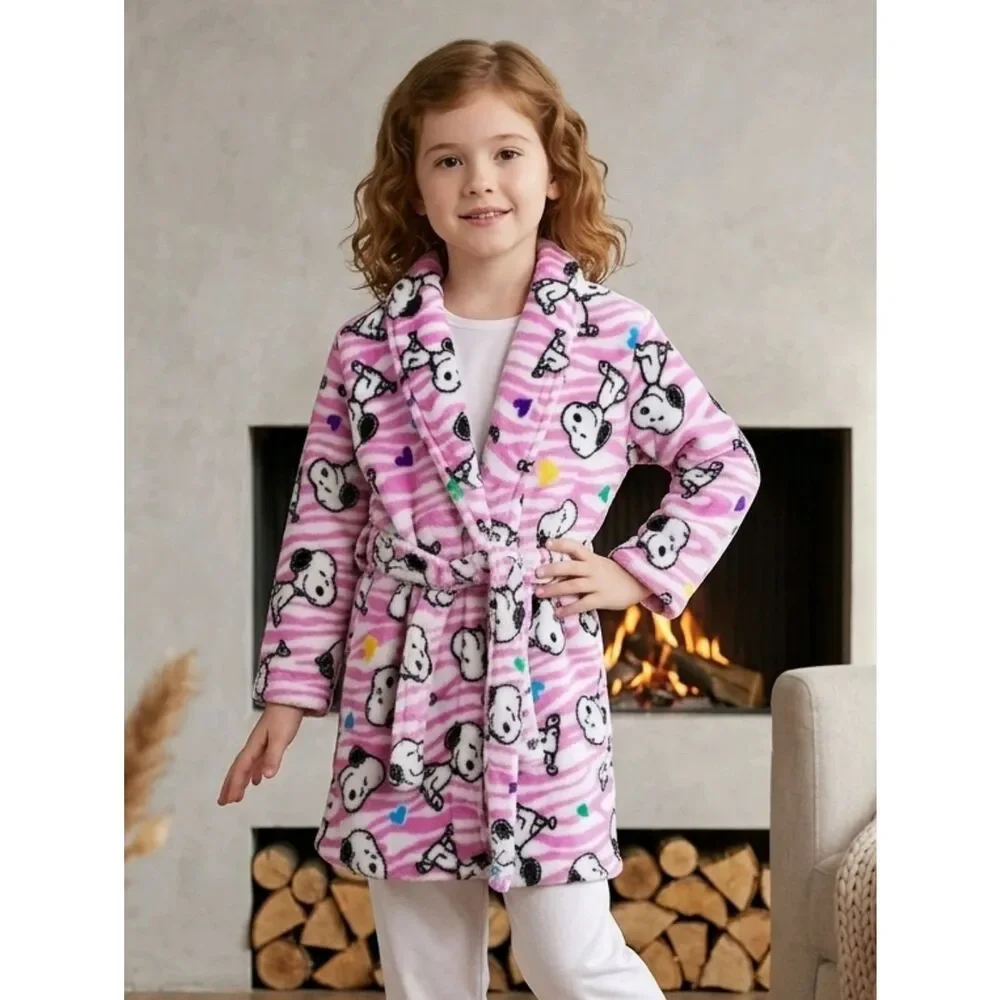 SNOOPY Girls Robe Plush Fleece Pink Striped Bathrobe Belted XS 4/5 Toddler Kids